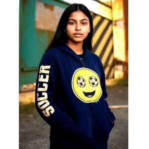 Justice Active Girls Black Soccer w/Large Soccer Emoji Zipper Hoodie - Size 8/10